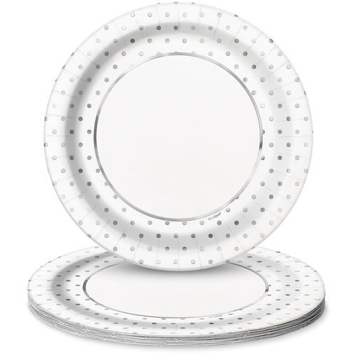 Foil Dots Round Dinner Paper Plates - 9", Silver, 8 Pcs