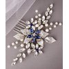 Aimimier Bridal Sapphire Crystal Hair Comb Pearl Blue Crystal Leaf Marquise Hair Piece Prom Party Festival Wedding Hair Accessories for Women and Girls (Silver)