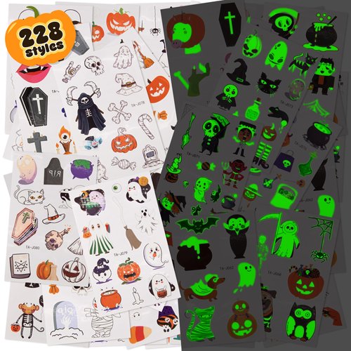ArtCreativity 228 Styles Glow Halloween Temporary Tattoos Sheets for Kids - Halloween Glow in Dark Tattoos Stickers with unique Characters - Bulk Halloween Treat or Trick - Halloween Party Favors