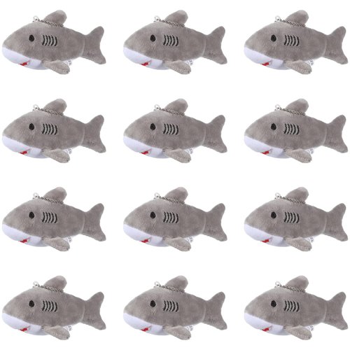 Chalyna 12 Pcs Shark Party Favors Mini Shark Stuffed Animal Shark Plush Toys Shark Keychain Tiny Ocean Animal Toys, 4.7 Inch(No Light,Gray)