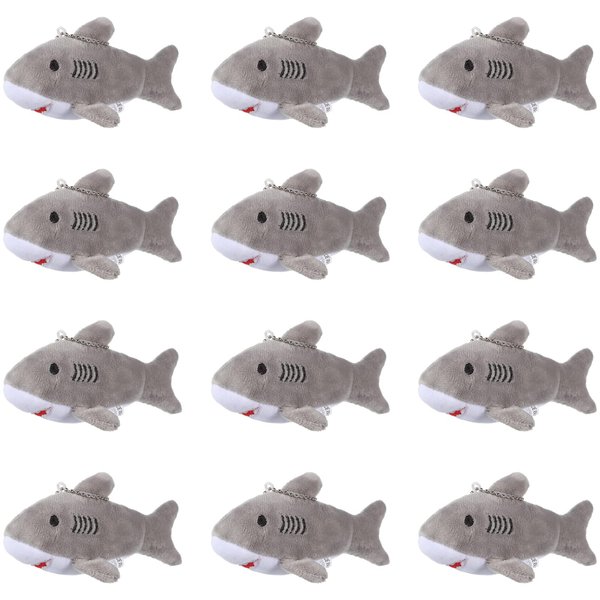 Chalyna 12 Pcs Shark Party Favors Mini Shark Stuffed Animal Shark Plush Toys Shark Keychain Tiny Ocean Animal Toys, 4.7 Inch(No Light,Gray)