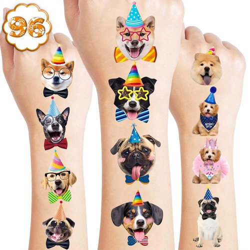 8 Sheets (96PCS) Dog Tattoos Temporary Puppy Themed Birthday Party Supplies Decorations Favors Stickers for Kids Girls Boys Gifts Classroom School Prizes Rewards (Realistic Dog 2)