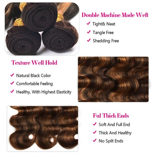 Ombre Bundles Brown Body Wave Human Hair Bundles 24 26 28 Inch Brazilian Unprocessed Virgin Remy Human Hair 3 Bundles Two Tone Black and Brown Bundles Human Hair Extensions P1B/30 Bundles
