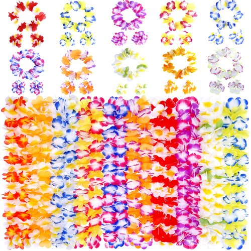 Hawaiian Leis, luau Party Supplies, 40Pcs Thickened Garland Flower Leis, Tropical Hawaiian Party Necklace, Headbands and Wristbands, Kids and Adults Party Supplies, Birthday, Easter