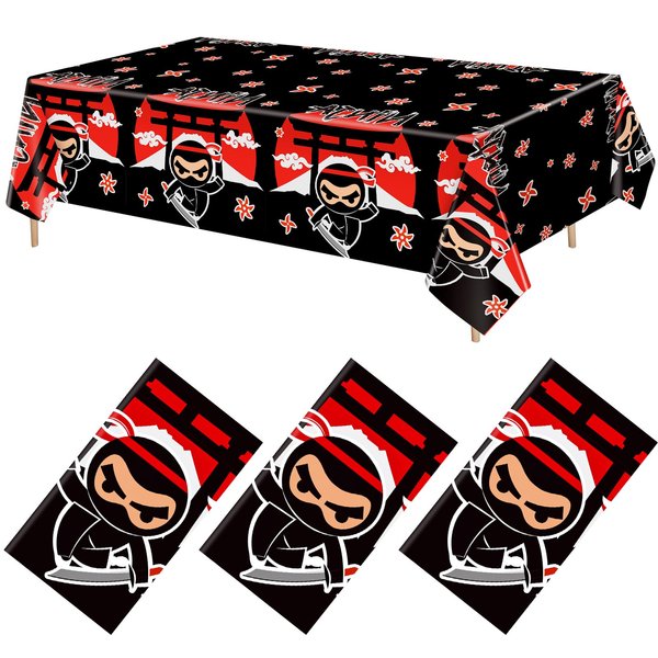 Gejoy 3 Pcs Ninja Tablecloth Plastic Disposable Table Cover Ninja Table Cloth Ninja Party Supplies for Boys and Girls Ninja Themed Party Decorations Supplies Favors, 51 x 108'' (Red and Black)