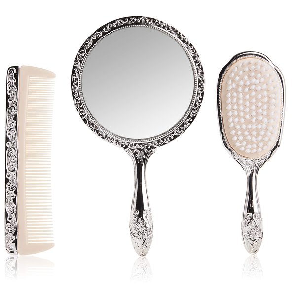 3 pc Silver Chrome Girls Vanity Set Comb Brush Mirror.