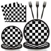 96 Pieces Black and White Checkered Tableware Set for Racing Car Table Decorations Supplies Race Sports Themed Dessert Plates Race-car Party Napkins Forks for 24 Guests Car Birthday Party Favors