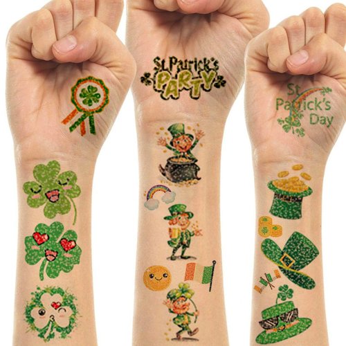 St. Patrick's Day Temporary Tattoos Glitter Shamrock Fake Tattoo Stickers Irish Clover St Patricks Day Waterproof Body Face Sticker for Parade and Favors Party Decorations (8 Sheets)