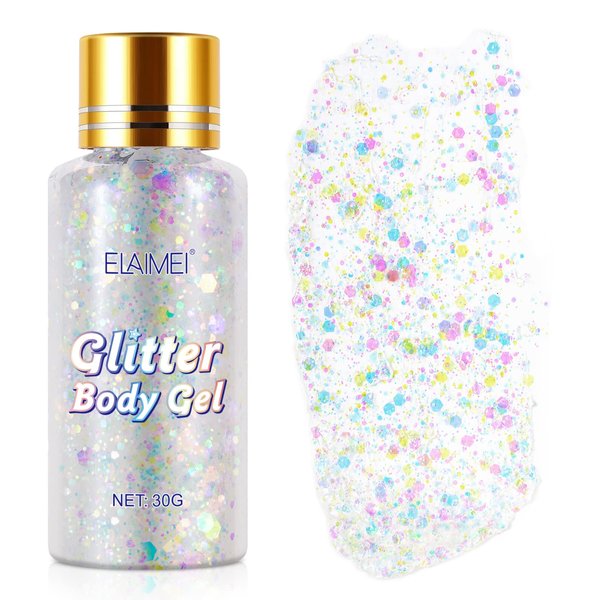 Body Glitter Gel, Face Glitter Body Gel Singer Concerts Music Festival Outfits for Women Chunky Glitter for Eye Lip Hair Nails Sparkling Holographic Gel (White)