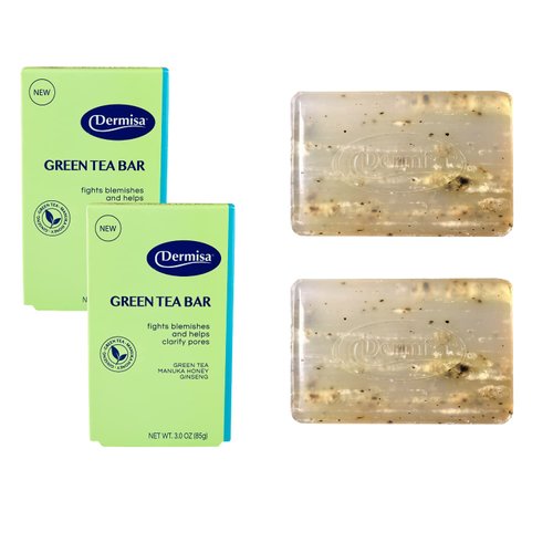 Dermisa Green Tea Bar | Gentle Skin Cleansing and Exfoliation | Contains Green Tea, Manuka Honey, Ginseng | NO PARABENS, NO SULFATES | 3OZ - 2 Pack