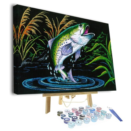 TISHIRON DIY Painting by Numbers for Adults, A Trout Jumping Out of The Water Paint by Number, Fish Adult Paint by Numbers Kits on Canvas, Flamed Paint by Numbers for Beginner and Kids 16X20 Inch
