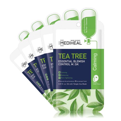 Mediheal Official [Korea's No 1 Sheet Mask] - Tea Tree Essential Blemish Control Mask - Skin Soothing & Sebum Control Mask Pack for Sensitive Oily Skin(5 Masks)