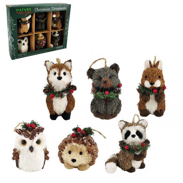 Nature Vibe Sisal Woodland Animals Christmas Tree Ornaments,Set of 6 Natural Forest Friends with Gift Boxes for Presents,Ornaments Animals as Rustic Home Decorations