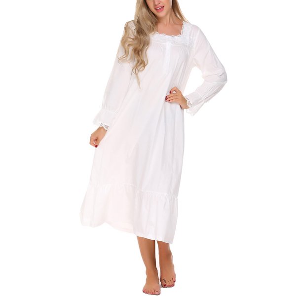 Ekouaer Victorian Nightgown Plus Size Cotton Sleep Dress Comfort Nightwear Gowns Halloween Costume for Women(1-White, XXL)