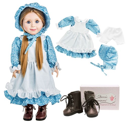 The Queen's Treasures 18 Inch Doll Clothes and Shoes, Little House on The Prairie 5 pc Blue Calico Dress with Bonnet, Apron, Pantaloons and Lace Up Boots. Doll NOT Included