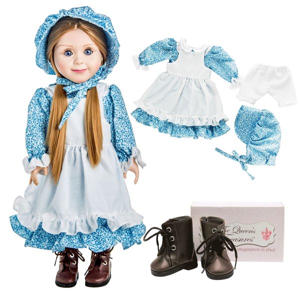 The Queen's Treasures 18 Inch Doll Clothes and Shoes, Little House on The Prairie 5 pc Blue Calico Dress with Bonnet, Apron, Pantaloons and Lace Up Boots. Doll NOT Included