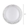 Party Essentials 70-Count Hard Plastic 6.25" Divine Dinnerware Disposable China Bread and Butter/Appetizer Plates, White with Silver Lace Rim