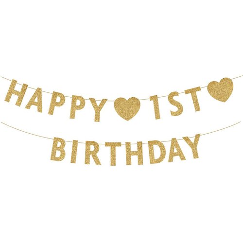 Gold Happy 1st Birthday Banner, Glitter 1 Years Old Boy or Girl Party Decorations, Supplies