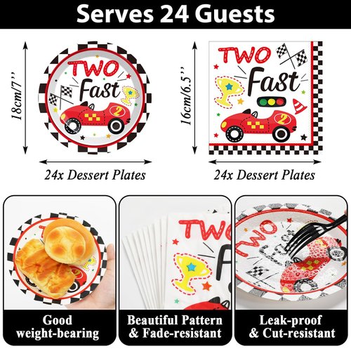 Two Fast Birthday Party Supplies Serves 24 Race Car 2nd Party Paper Plates Napkins Set Racing Car Tablecloth Tableware Kit for Two Years Old Party Baby Shower Decorations Favors for Boys, Serve 24