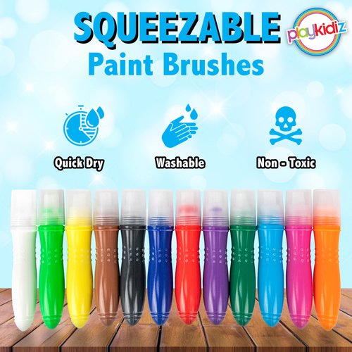 Playkidiz 12 Squeezable Paint Brushes Classic Colors For Kids, Washable Tempera Paint Brush, Assorted Fun Colors for Toddler, (24ml/0.8oz Each)