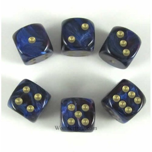 Royal Blue Scarb with Gold Pips 16mm D6 Dice Set of 6 Wondertrail WCX27627E6