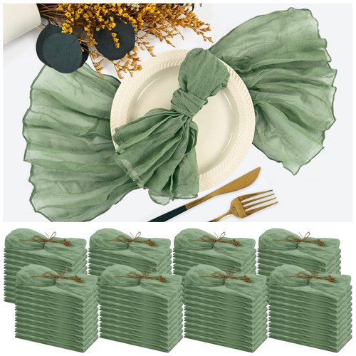 42 Packs Gauze Cheesecloth Napkins 20 x 20 Inch Sage Green Wrinkled Dinner Napkins, Rustic Boho Napkins Soft Cotton Cloth Napkins for Wedding Party Event Dinner Table Decoration