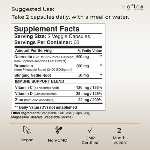 Quercetin with Vitamin C and Zinc - Quercetin 500mg - Quercetin with Bromelain - Zinc Quercetin - Stinging Nettle -120 Veggie Caps. Quercetin Supplements + Vitamin D3 (Non-GMO, Gluten-Free, Vegan)