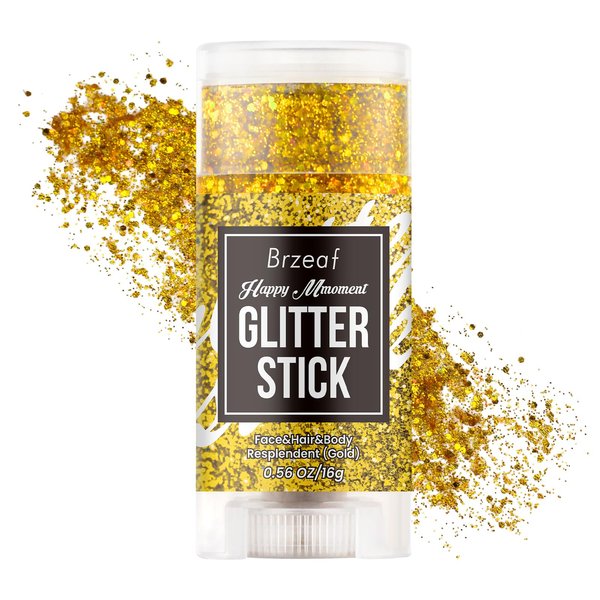 Brzeaf Waterproof Gold Glitter Stick, Shimmery & Long Lasting, Chunky Glitter for Face/Body/Hair/Eyes/Lip, Singer Concert Music Christmas Rave Festival, Glitter Stick Makeup & Face Glitter Gel
