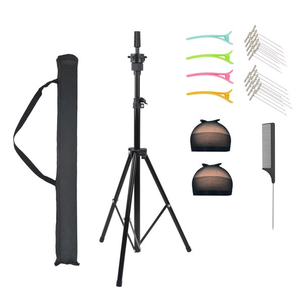YTBYT Wig Stand Tripod Adjustable Mannequin Head Stand with Wig Caps Hair Clips Comb T-Pins Carrying Bag for Cosmetology Hairdressing Training