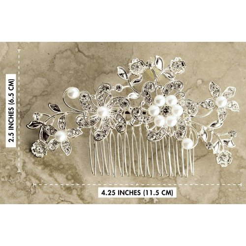 Wedding Hair Comb for Bride & Maid of Honor Gift. Bridal Silver, Rhinestone & Pearl Hair Accessories for Women – Decorative Formal Clip for Bun or Updo.