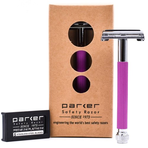 Parker 29L Lavender, Long Handle Butterfly Open Double Edge Safety Razor for Women, 5 Parker Premium Platinum Double Edge Razor Blades Included