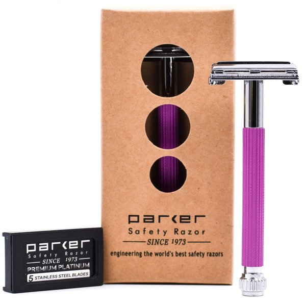 Parker 29L Lavender, Long Handle Butterfly Open Double Edge Safety Razor for Women, 5 Parker Premium Platinum Double Edge Razor Blades Included