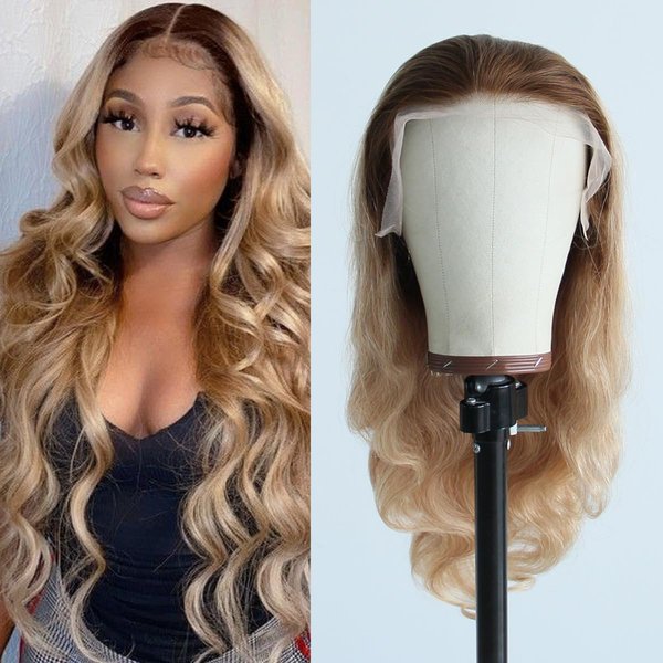 Aprilhair Pre-plucked Ombre #4/27 Honey Blonde 13X4 Lace Front Wigs Body Wave Glueless 150% Density Brazilian Virgin Human Hair (4/27 Body Wave Wig, 16 INCH)