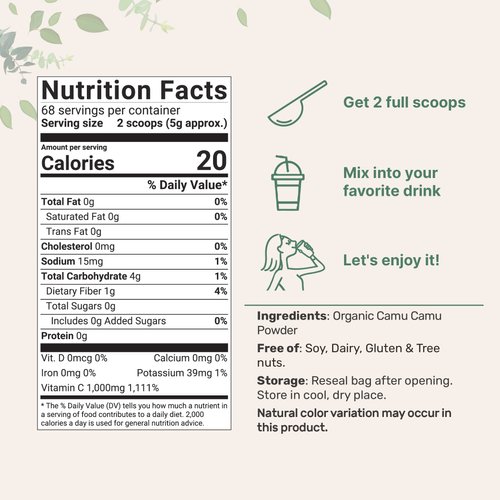 Micro Ingredients Organic Camu Camu Powder, 12 oz | High Natural Vitamin C Level | Fresh Freeze-Dried Berries Source | No GMOs, Vegan Friendly