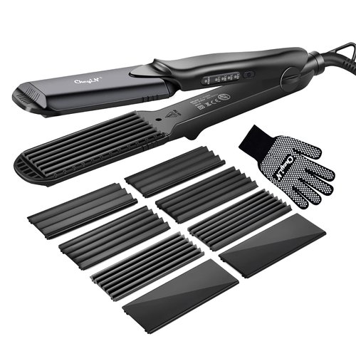 Hair Crimper, Crimping Irons Hair Straightener Flat Iron with 4 Interchangeable Tourmaline Ceramic Plate Adjustable Temperature for All Hair Type