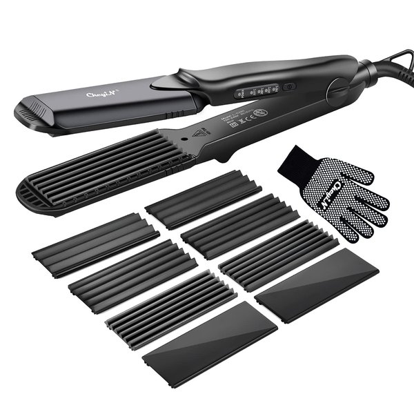 Hair Crimper, Crimping Irons Hair Straightener Flat Iron with 4 Interchangeable Tourmaline Ceramic Plate Adjustable Temperature for All Hair Type
