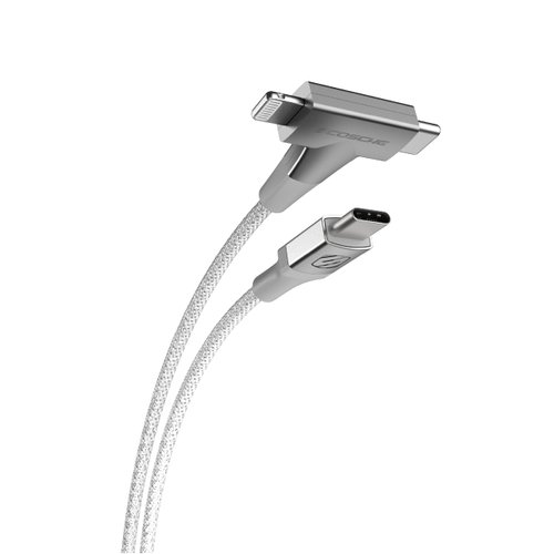 Scosche CCi4B4TWT-SP 2-in-1 Universal Charger, 4ft Braided Cell Phone Cable, USB-C to USB-C/Lightning Dual Connectors, Multi-Device Charging Cable Compatible w/iPhone, Android & Type-C Devices, White