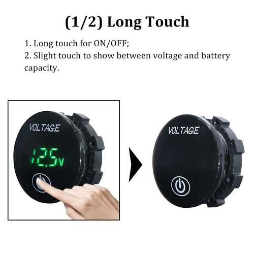 BUENNUS 4 in 1 Car Voltmeter with Touch Switch + Car Battery Capacity Tester Motorcycle Voltage Meter Waterproof LED Voltage Monitor for Car Motorcycle Boat Marine Truck ATV with Hole Saw/Cable/Panel