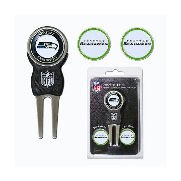 Team Golf NFL Seattle Seahawks Divot Tool Pack With 3 Golf Ball Markers Divot Tool with 3 Golf Ball Markers Pack, Markers are Removable Magnetic Double-Sided Enamel