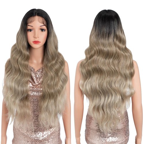 REBECCA STYLE Long Wavy Synthetic Wigs for Women 28 Inch Lace Front Wig Long Curly Wavy Wig for Black Women Body Wave Frontal Wig Middle Part Pre Plucked Cosplay Costume Halloween Wig (Ombre Brown)