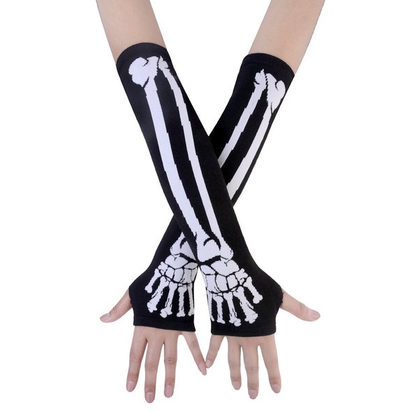 JISEN Women Punk Winter Arm Warmer Knitted Stretchy Soft Fingerless Gloves White Skeleton