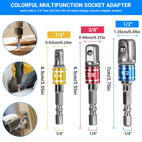 Flexible Drill Bit Extension Set 19pcs, Hex Shank 105°Right Angle Drill Attachmen, 3pcs 1/4 3/8 1/2" Universal Socket Adapter Set, 3pcs Drill Bit Holder Extension and Screwdriver Bit Kit