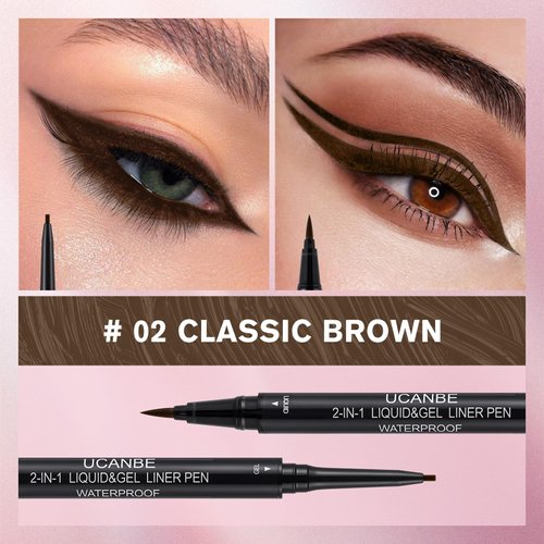 UCANBE Brown Eyeliner Pencil, Dual Ended Liquid Eye liner + Gel Eyeliner 2 in 1, Highly Pigmented & Quick Drying, Waterproof & Long Lasting Ultra-fine Tip Eye Makeup Pen