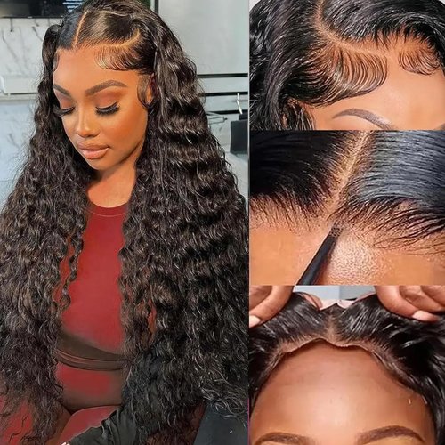 Deep Wave Lace Front Wigs 28 Inch Pre Cut Density Deep Wave Frontal Wigs Deep Curly Glueless Wigs 13x4 HD Transparent Natural Black Pre Plucked with Baby Hair Artificial Fiber Human Hair for Women
