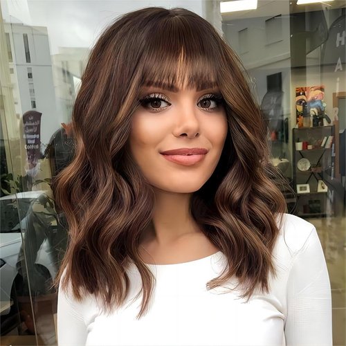 Short Wavy Brown Blonde Wig with Bangs 14inch Highlight Blonde Wigs for Women Short Curly Bob Wigs Synthetic Natural Looking Hair Replacement Wigs Costume Cosplay Halloween Wig(14'' Brown Blonde)