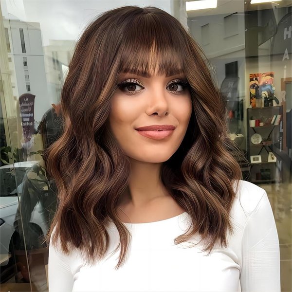 Short Wavy Brown Blonde Wig with Bangs 14inch Highlight Blonde Wigs for Women Short Curly Bob Wigs Synthetic Natural Looking Hair Replacement Wigs Costume Cosplay Halloween Wig(14'' Brown Blonde)