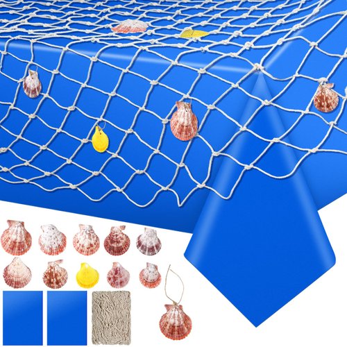 4 Pcs Tablecloths and Fish Net Set Include 3PCS Plastic Underwater Party Table Cover and 1 Cotton Linen Fish Net with Shells for Nautical Themed Party Pirate Mermaid Party Decorations(Dark Blue)