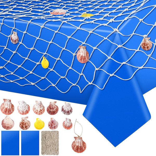 4 Pcs Tablecloths and Fish Net Set Include 3PCS Plastic Underwater Party Table Cover and 1 Cotton Linen Fish Net with Shells for Nautical Themed Party Pirate Mermaid Party Decorations(Dark Blue)