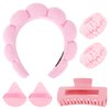 ACO-UINT 6Pcs Pink Spa Headband and Wrist Washbands Set, Skincare Headband Face Wash Headband Makeup Headband, Hair Claw Clip and Powder Puffs for Women and Girls