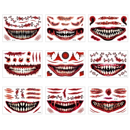Halloween Temporary Tattoos Horror Clown Mouth Halloween Tattoo Stickers Prank Makeup Temporary Tattoo Scary Scars Fake Tattoos Realistic Tattoos for Halloween Cosplay Party DIY Decorations Supplies
